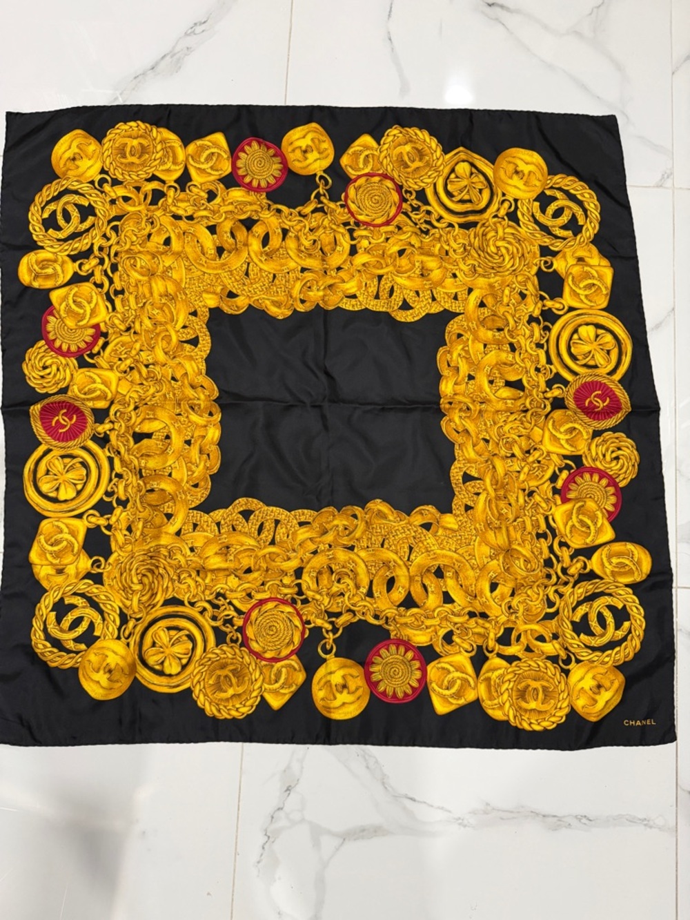 CHANEL Vintage Black & Gold Chain Motif Silk Scarf